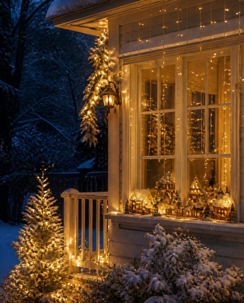 Varanda decorada com luzes de Natal à noite