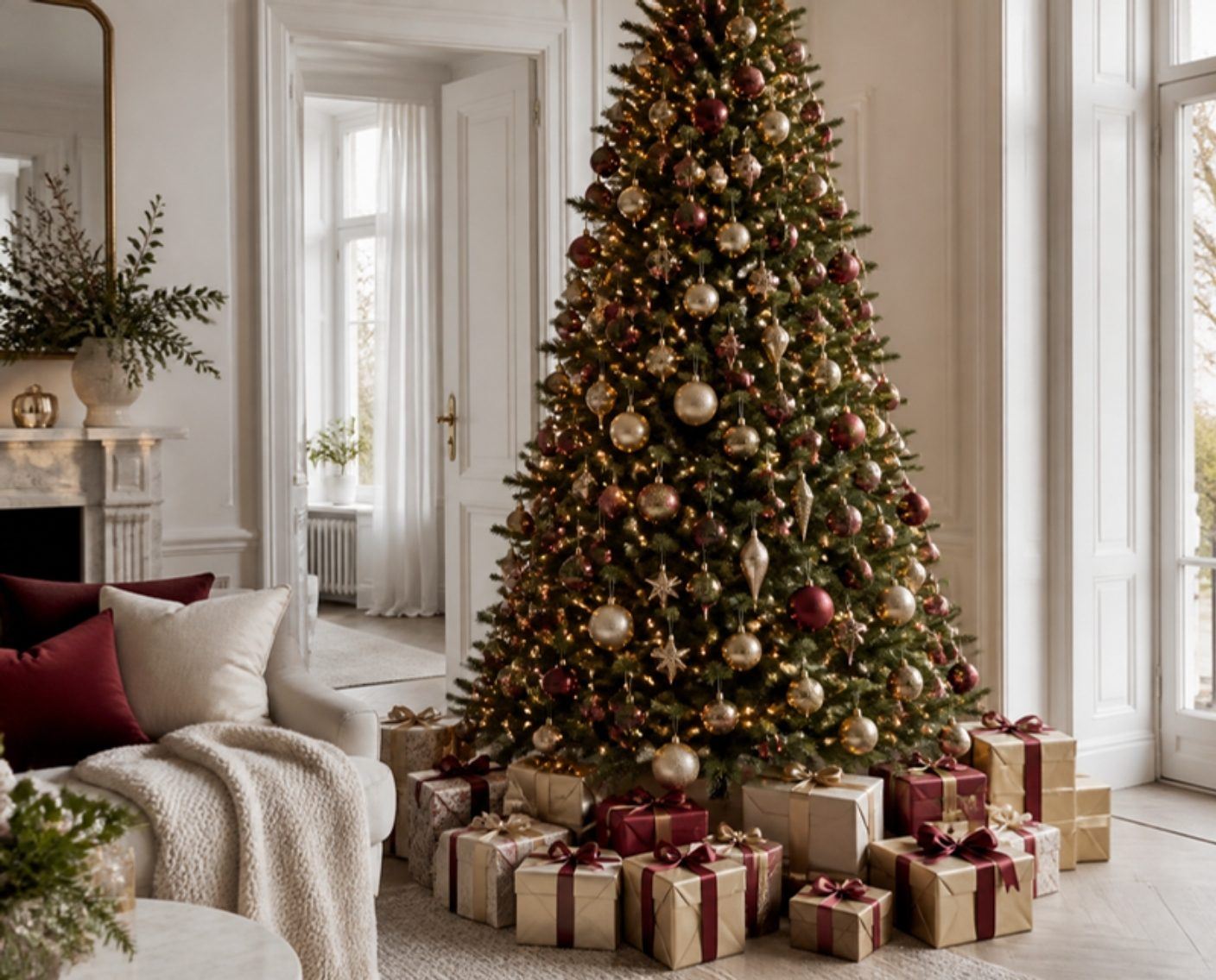 Árvore de Natal decorada com presentes embaixo